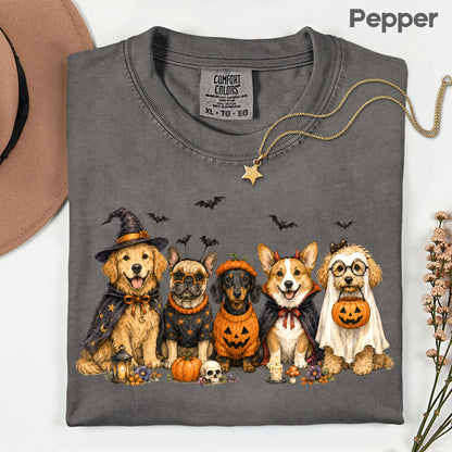 Halloween Dogs Comfort Colors T Shirts Cute Witchy Puppy Pumpkin Tees Spooky Costume Corgi Frenchie Golden Retriever Shirt Autumn Fall Graphic Hoodie