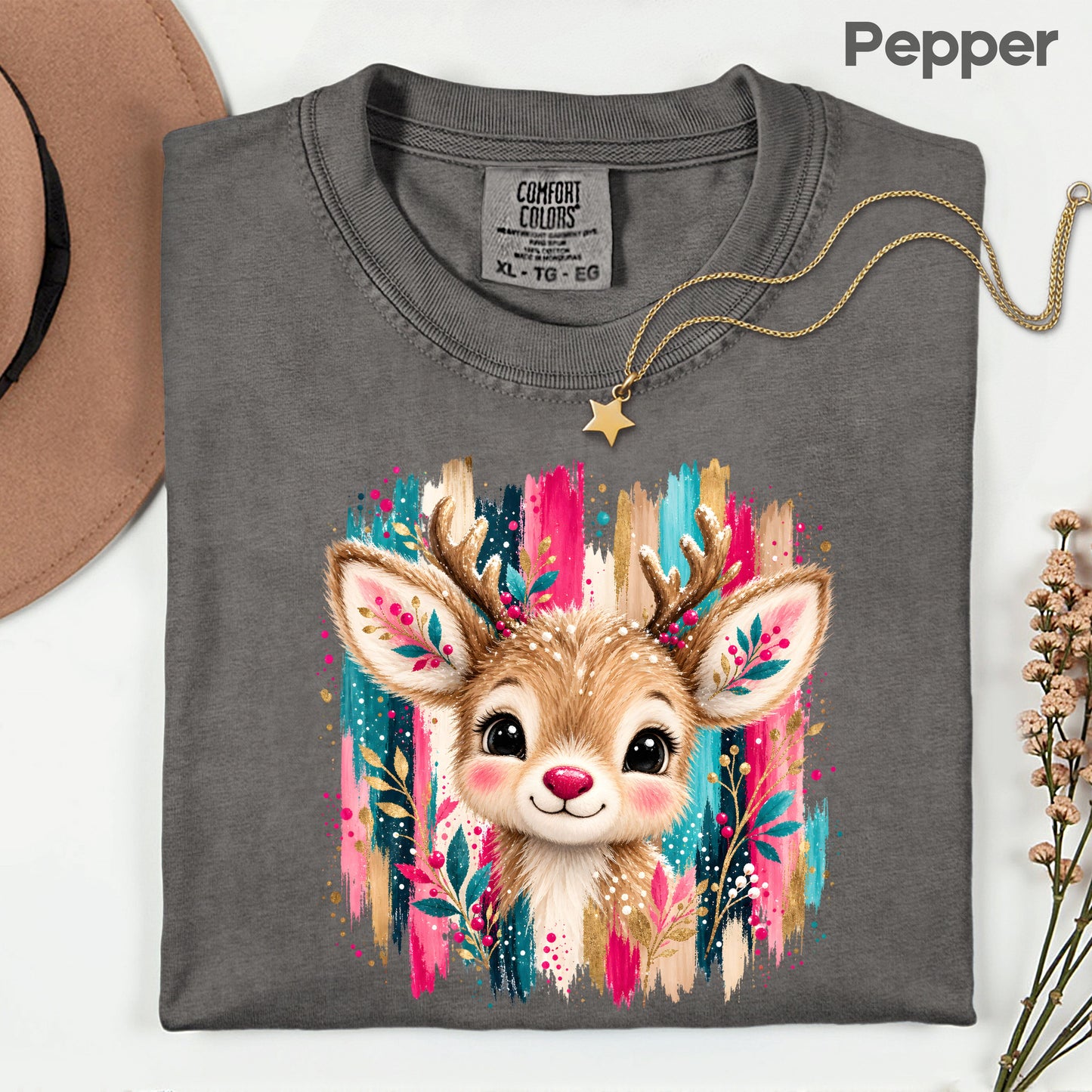 Cute Christmas Reindeer Floral Antlers T-Shirt, Pink Teal Gold Holiday Tee