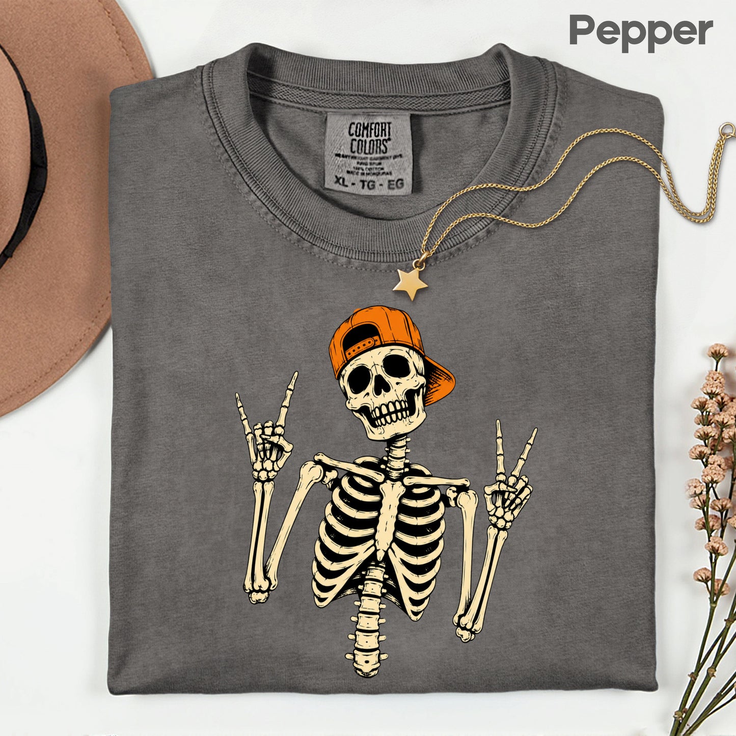 Cool Skeleton Rock On T-Shirt, Peace Sign Halloween Orange Hat Spooky Tee
