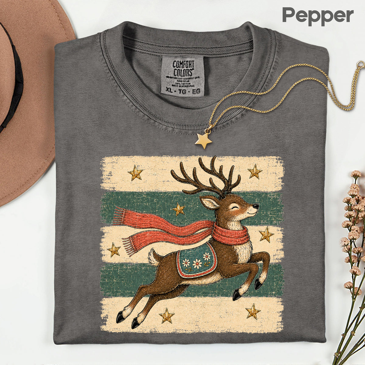 Vintage Christmas Reindeer T-Shirt, Flying Reindeer Scarf Retro Winter Comfort Color Tee