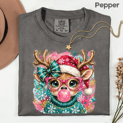 Christmas Reindeer Pink Glasses T-Shirt, Bubblegum Deer Santa Hat Cute Comfort Color Tee