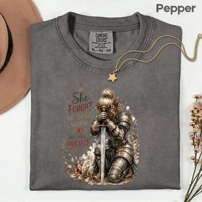 Inspirational Knight Girl She Fought the Battle Within T-Shirt, Female Warrior Sword Armor Tee