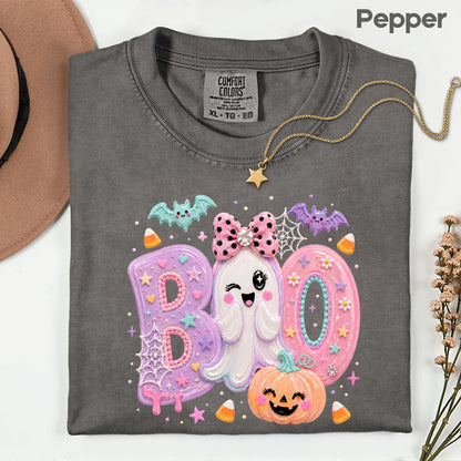 Pastel Cute Ghost Halloween Boo T-Shirt, Pink Purple Bow Pumpkin Candy Corn Girls Tee