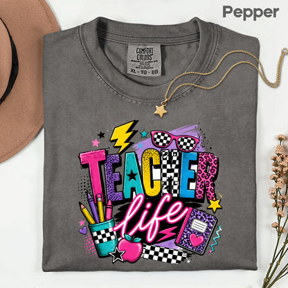 Retro Neon Teacher Life T-Shirt, Colorful Doodle Graffiti Checkerboard Sunglasses Back to School Tee