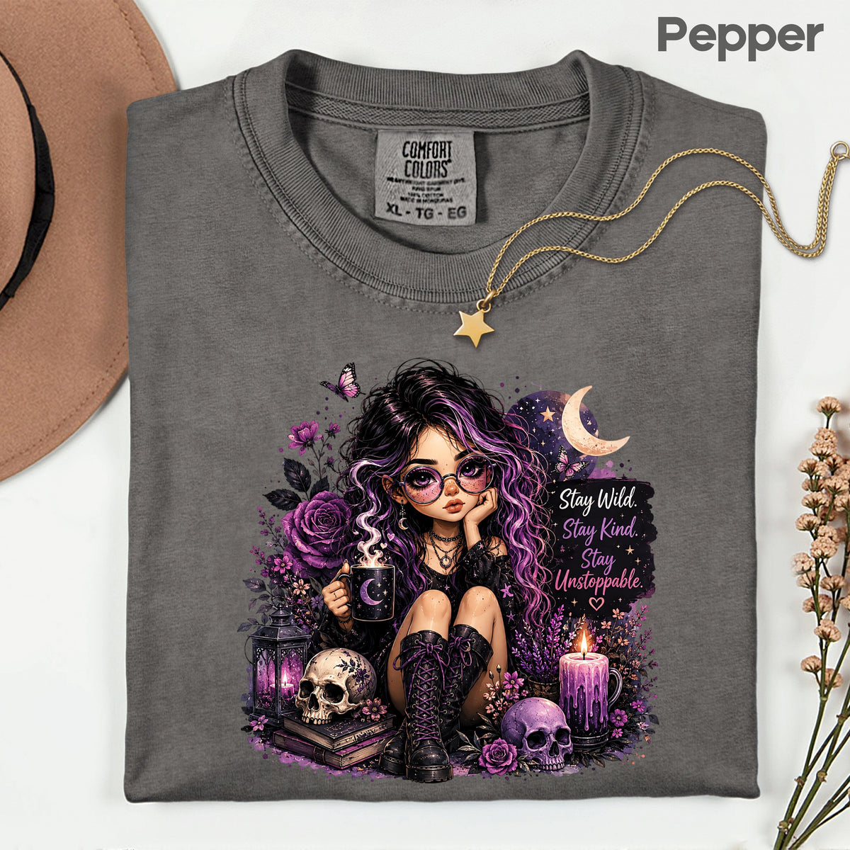 Stay Wild Stay Kind Goth Girl Skull T-Shirt, Purple Crescent Moon Witchy Tee