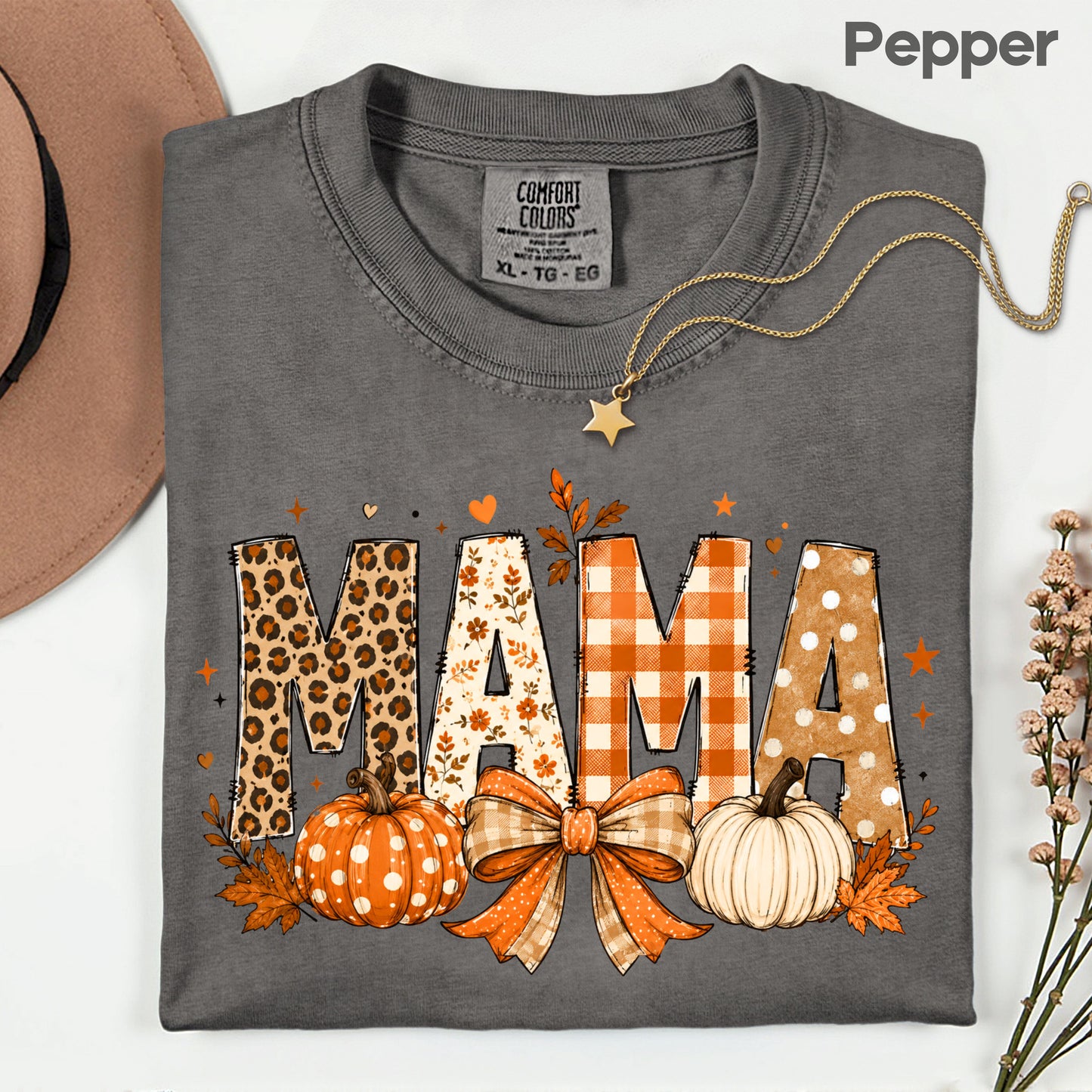 Fall Mama Pumpkin Leopard Plaid T-Shirt, Varsity Letters Autumn Leaves Bow Thanksgiving Mom Tee