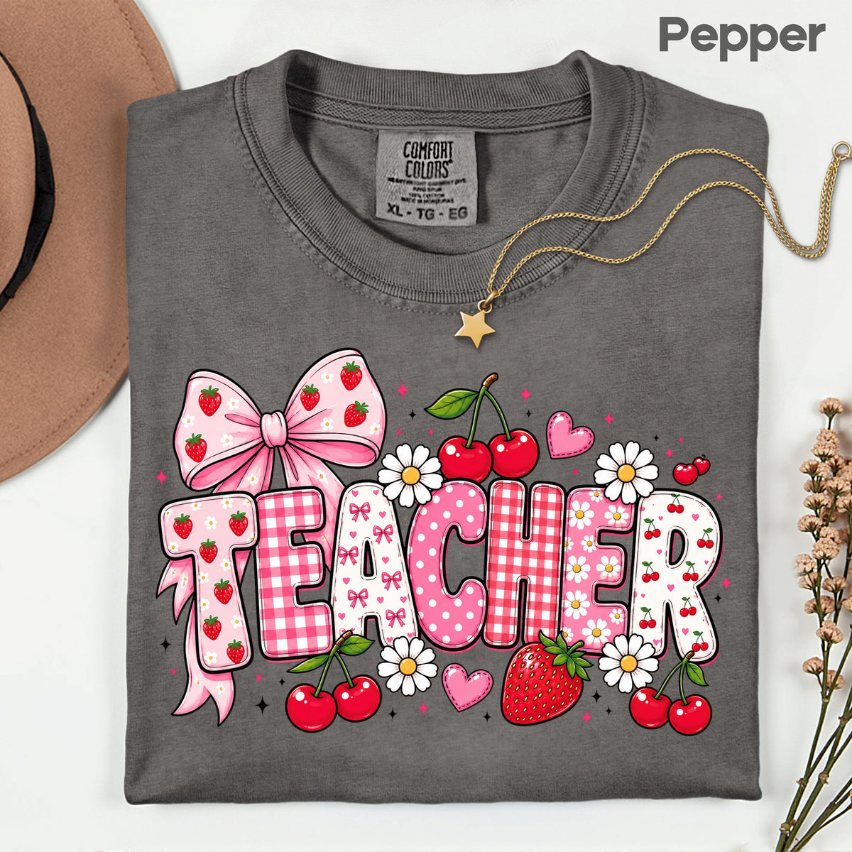 Teacher Coquette Pink T-Shirt, Strawberries Cherries Bow School Educator Tee