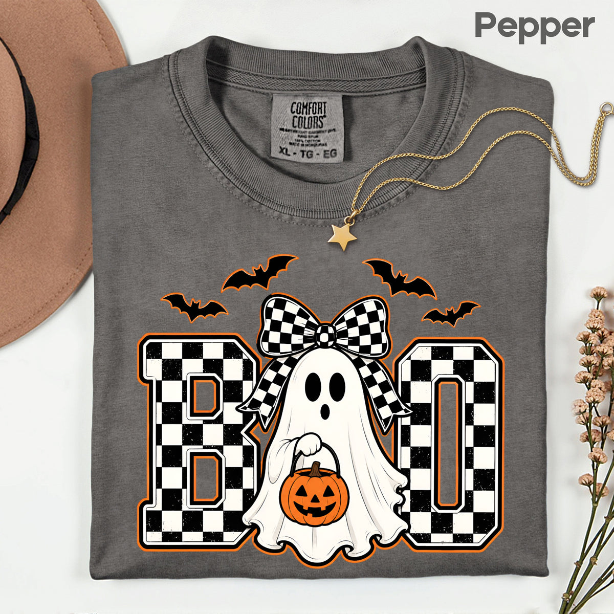 Boo Checkered Bow Ghost Halloween T-Shirt, Pumpkin Bucket Bats Retro Tee Sweatshirt