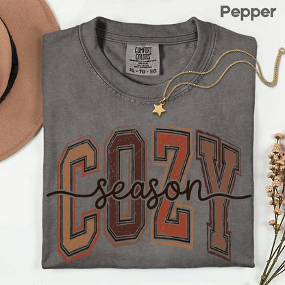 Cozy Season Fall T-Shirt, Distressed Varsity Letters Autumn Neutral Tones Tee