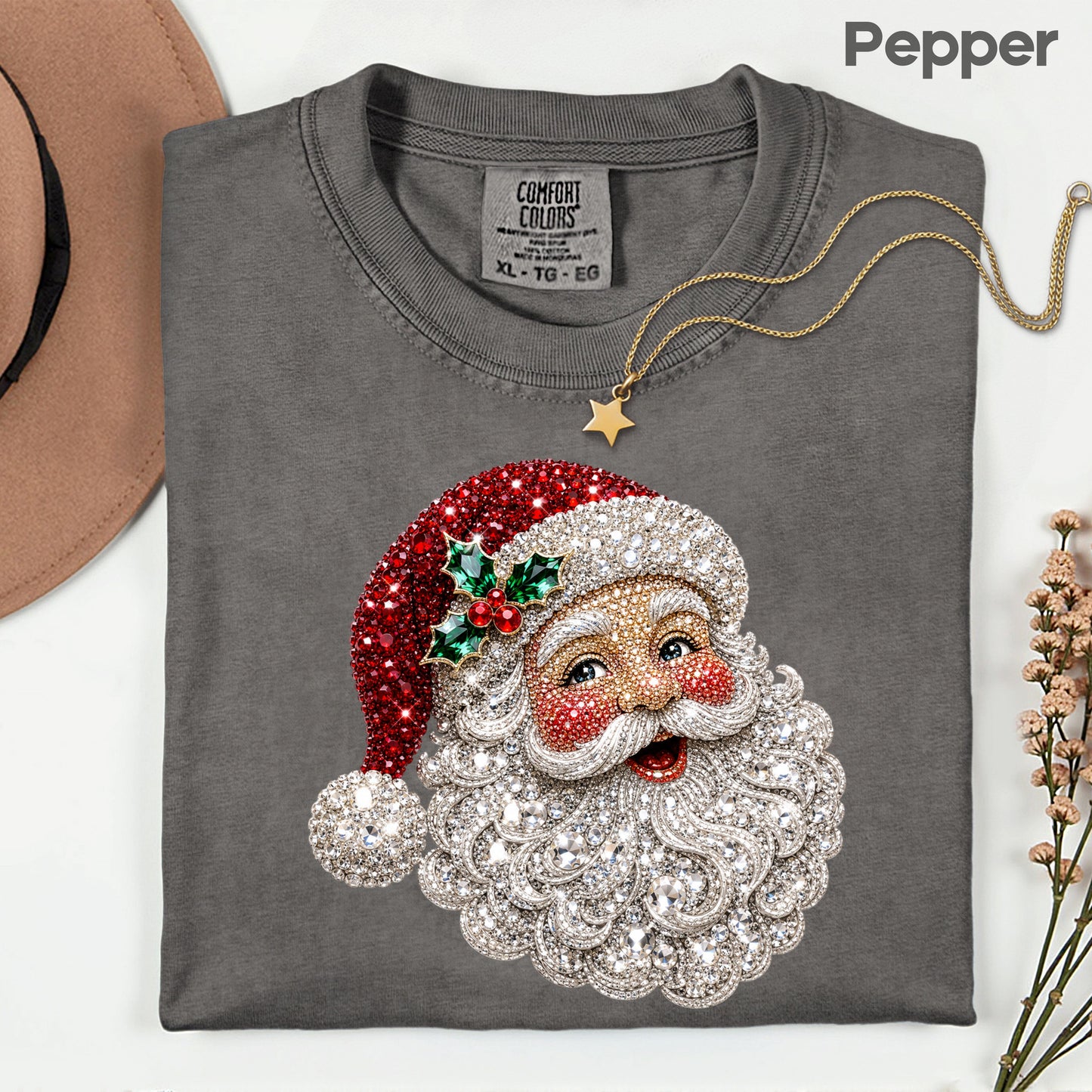 Christmas Santa Claus Vintage T-Shirt, Bejeweled Rhinestone Santa Head Festive Holiday Tee
