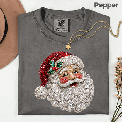 Christmas Santa Claus Vintage T-Shirt, Bejeweled Rhinestone Santa Head Festive Holiday Tee