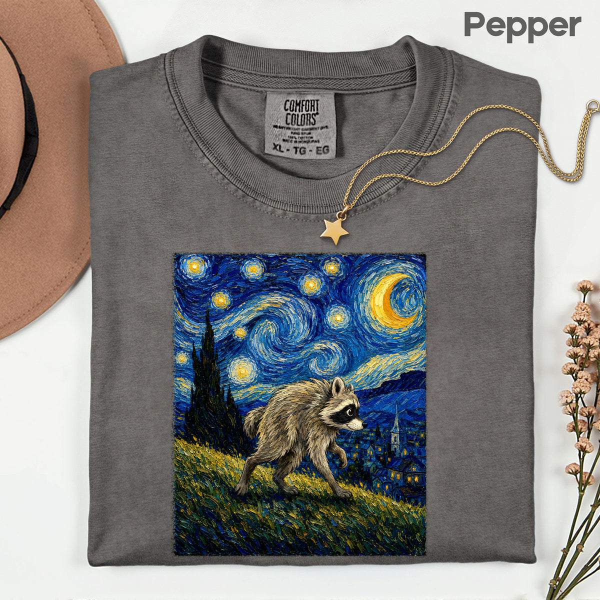 Starry Night Raccoon T-Shirt, Van Gogh Style Oil Painting Funny Wildlife Art Tee
