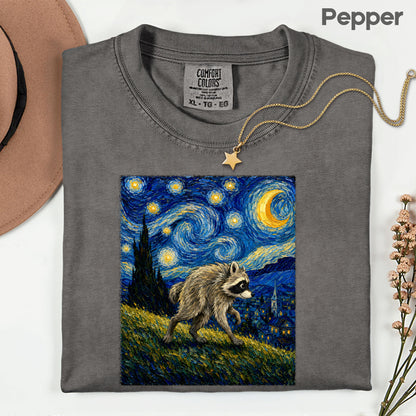 Starry Night Raccoon T-Shirt, Van Gogh Style Oil Painting Funny Wildlife Art Tee