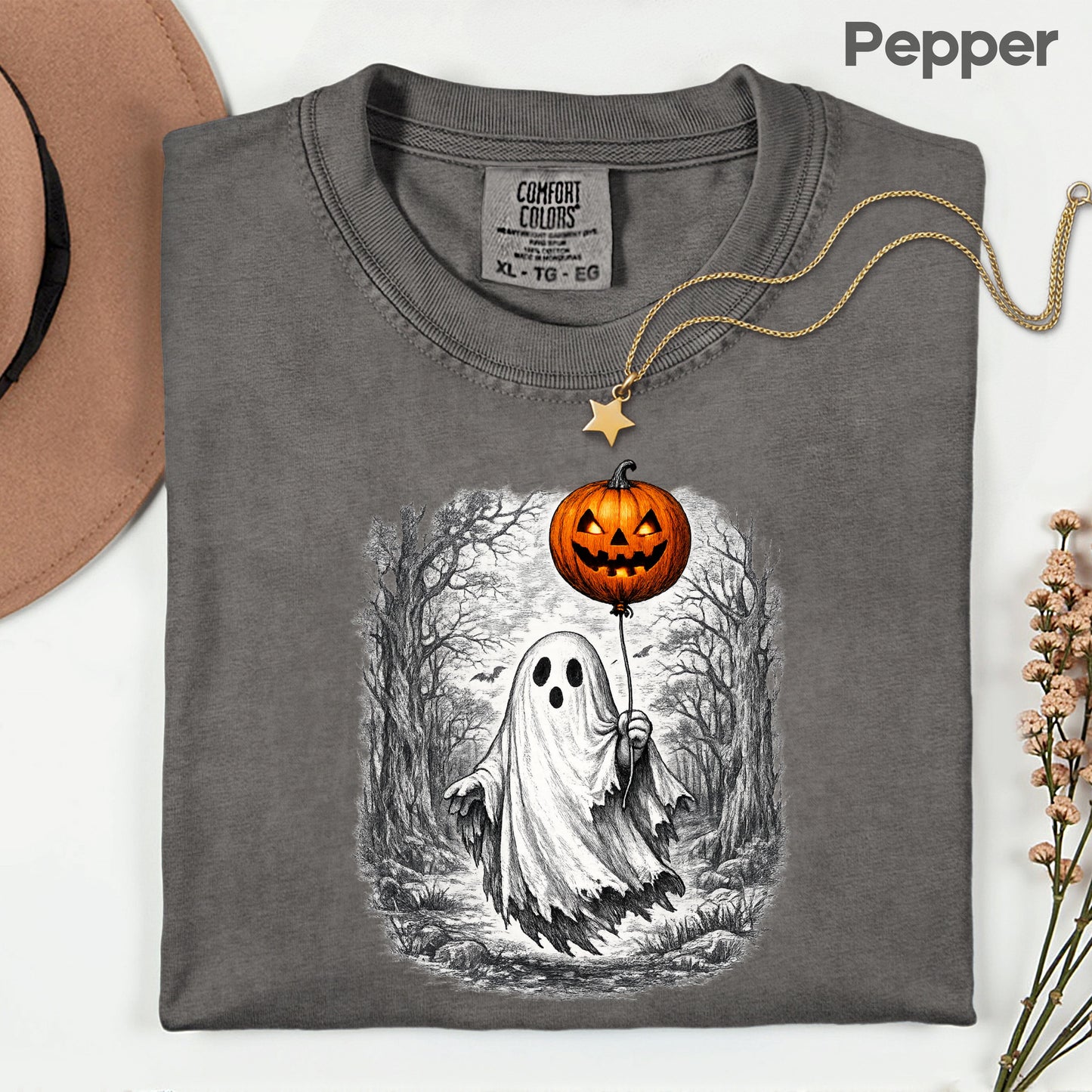 Vintage Halloween Ghost Pumpkin Balloon T-Shirt, Spooky Forest Retro Tee