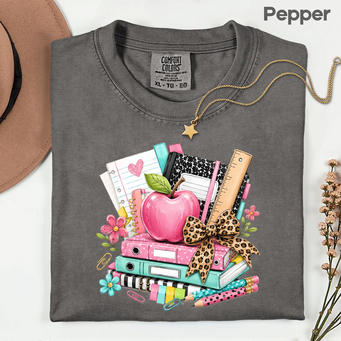 Pink Apple School Supplies T-Shirt, Books Leopard Bow Back to School Teacher Tee