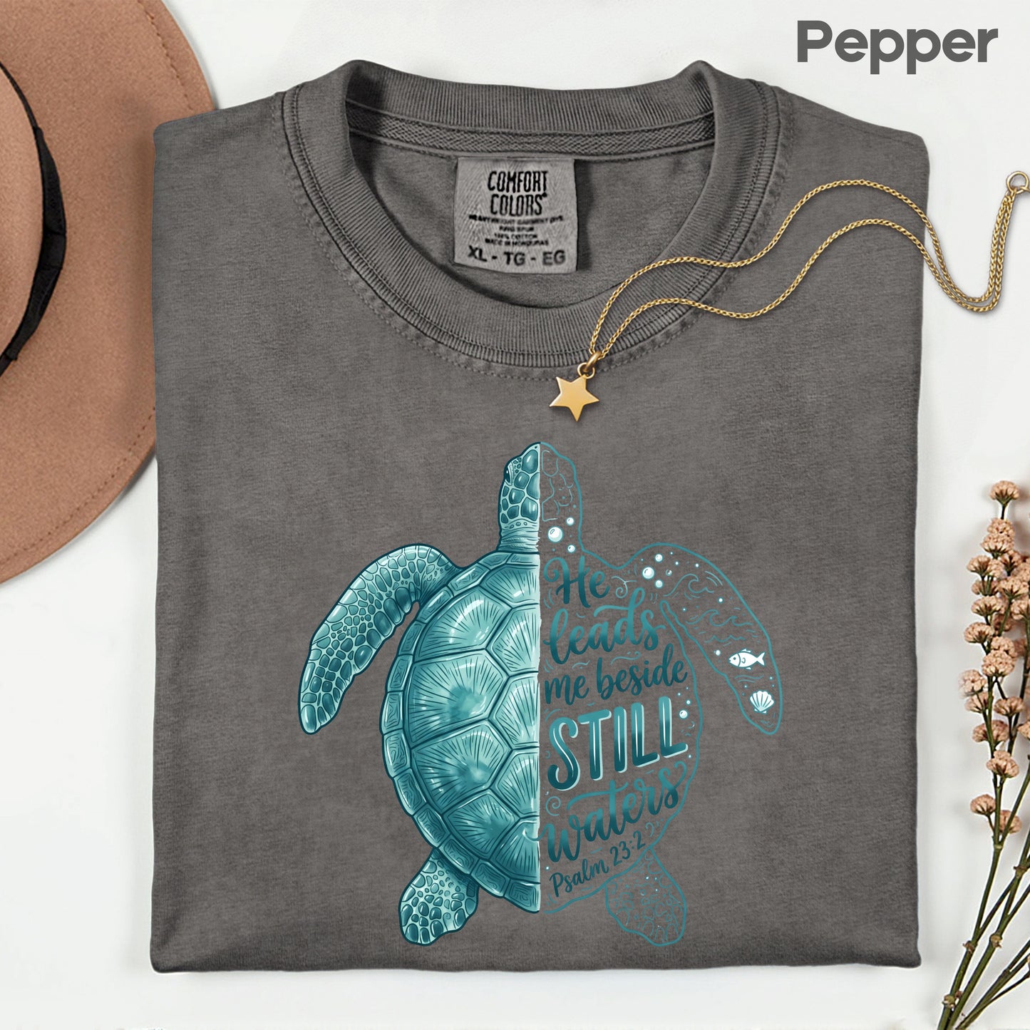 Christian Sea Turtle Psalm 23 T-Shirt, He Leads Me Beside Still Waters Faith Tee