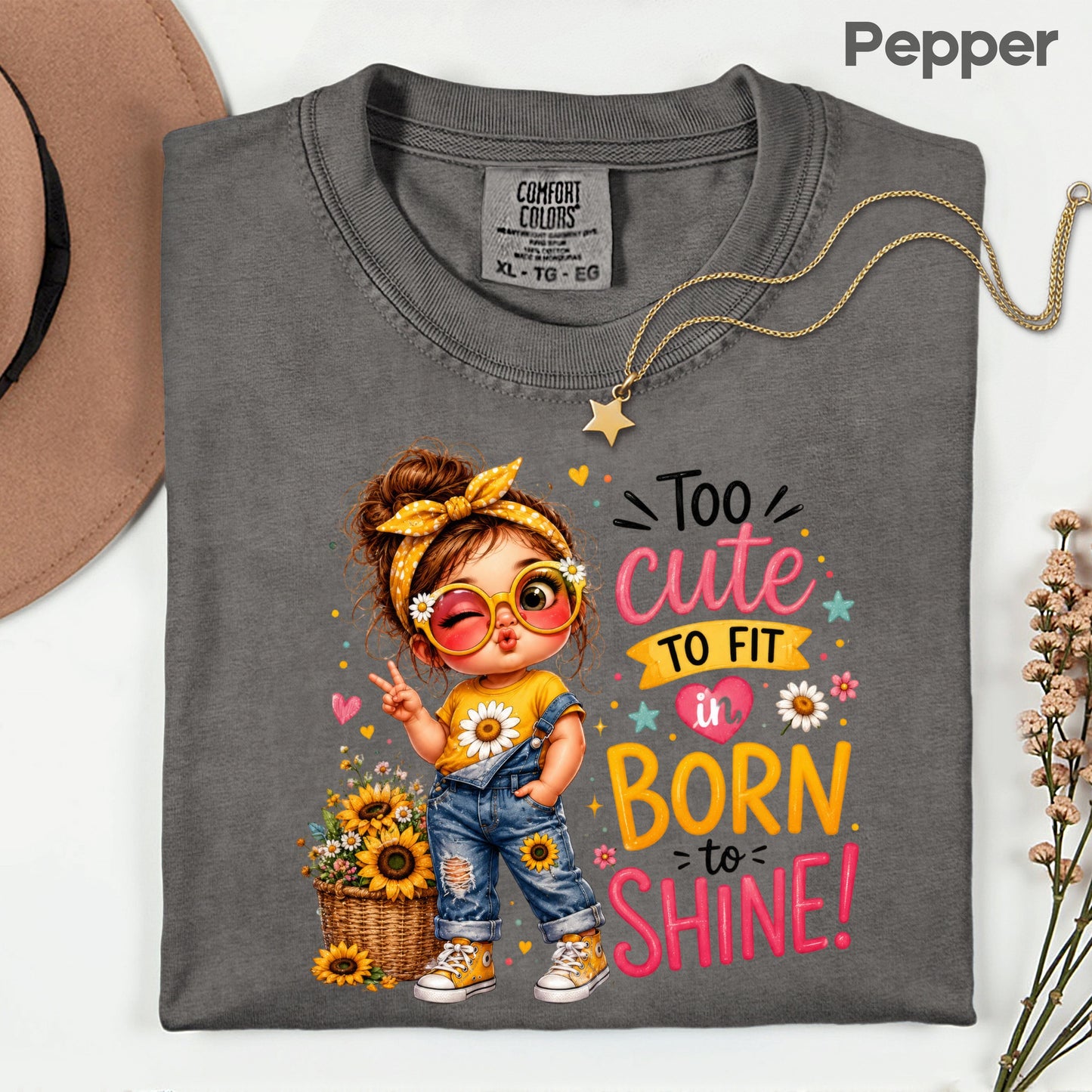 Too Cute to Fit In Born to Shine Little Girl T-Shirt, Sunflower Headband Tee