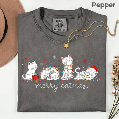 Merry Catmas Black Cats Christmas T-Shirt, Christmas Lights Black Kittens Cat Lover Tee