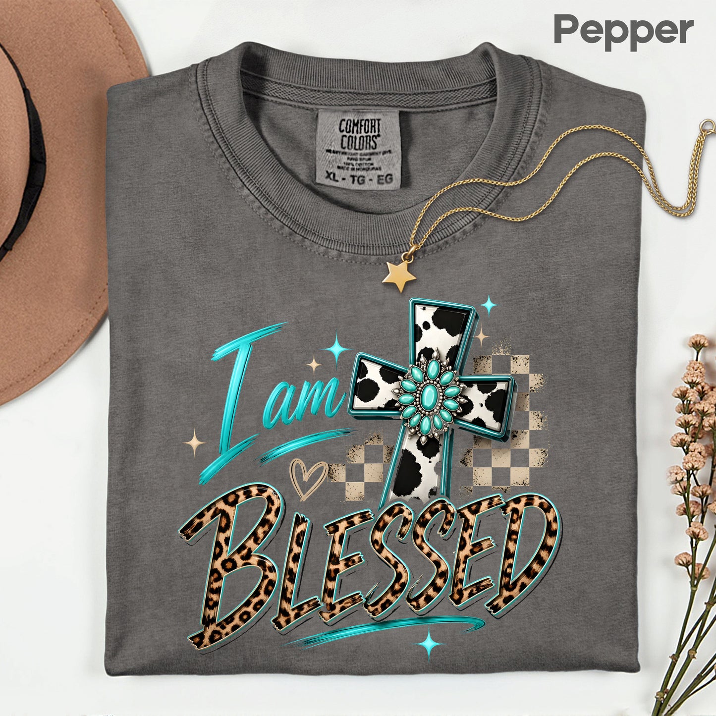I Am Blessed Western Cross Cow Print T-Shirt, Turquoise Leopard Faith Tee