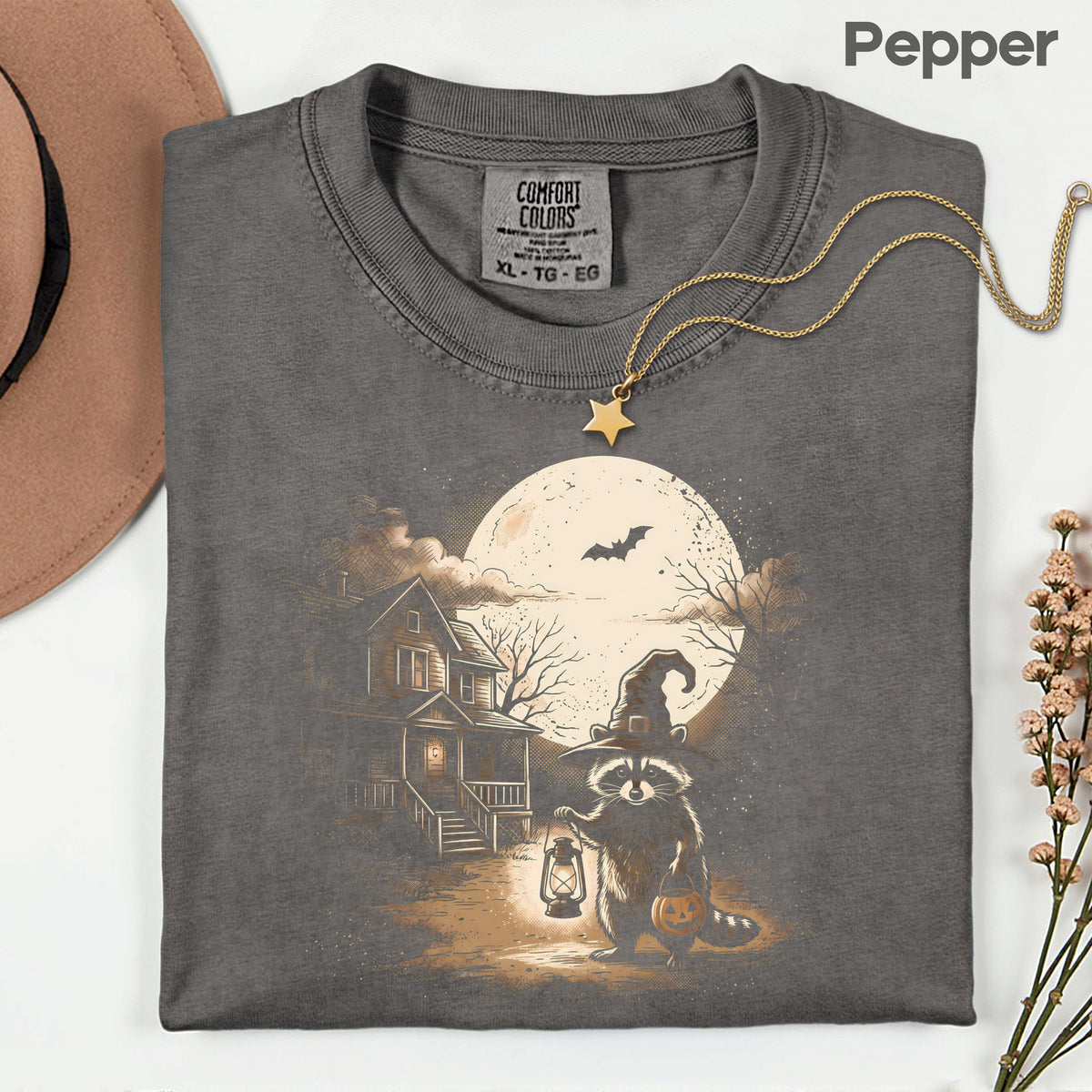 Vintage Halloween Mouse Witch T-Shirt, Full Moon Pumpkin House Sepia Trick or Treat Spooky Fall Tee