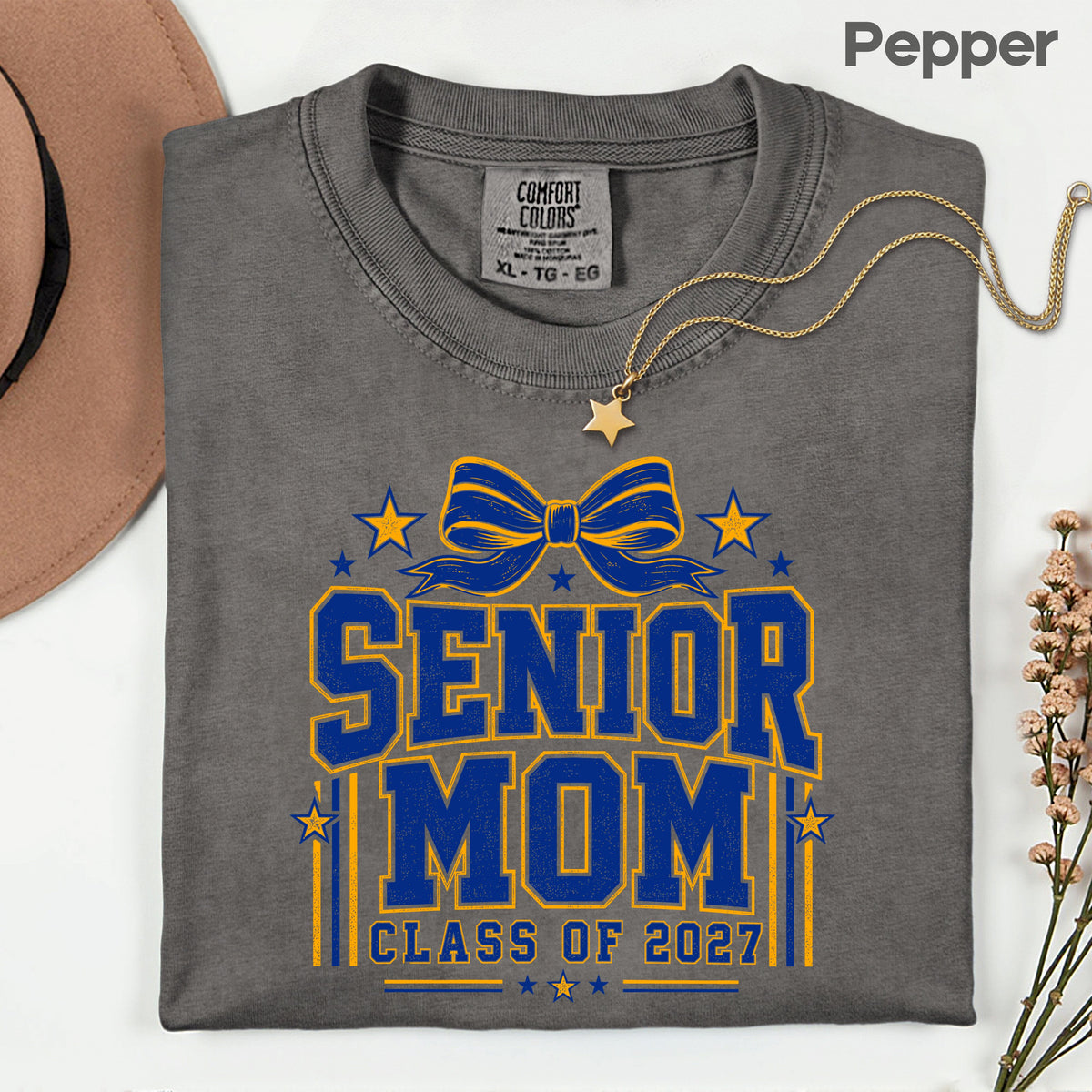 Senior Mom 2027 Royal Blue Yellow Cheer Bow T-Shirt, Varsity Graduation Mother Tee