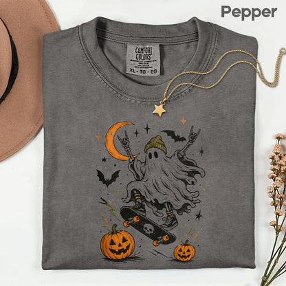 Halloween Skater Ghost Rock On T-Shirt, Skateboarding Skeleton Crescent Moon Pumpkins Bats Tee