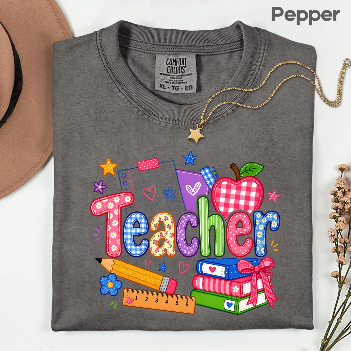 Teacher Apple Books Pencil T-Shirt, Colorful School Supplies Back to School Comfort Color Tee