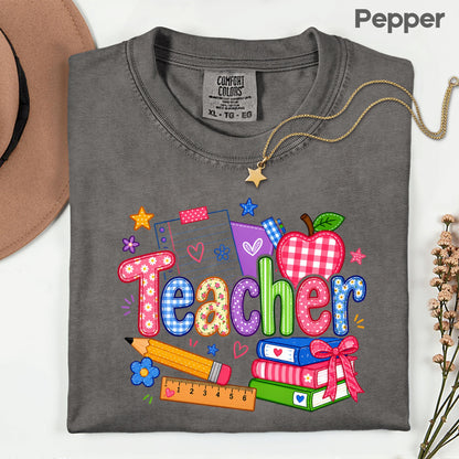 Teacher Apple Books Pencil T-Shirt, Colorful School Supplies Back to School Comfort Color Tee