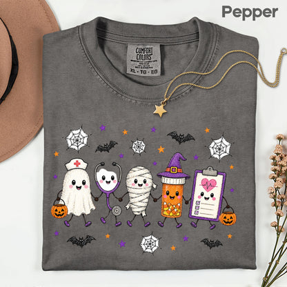 Spooky Nurse Squad Halloween Medical T-Shirt, Ghost Stethoscope Pill Bottle Tee