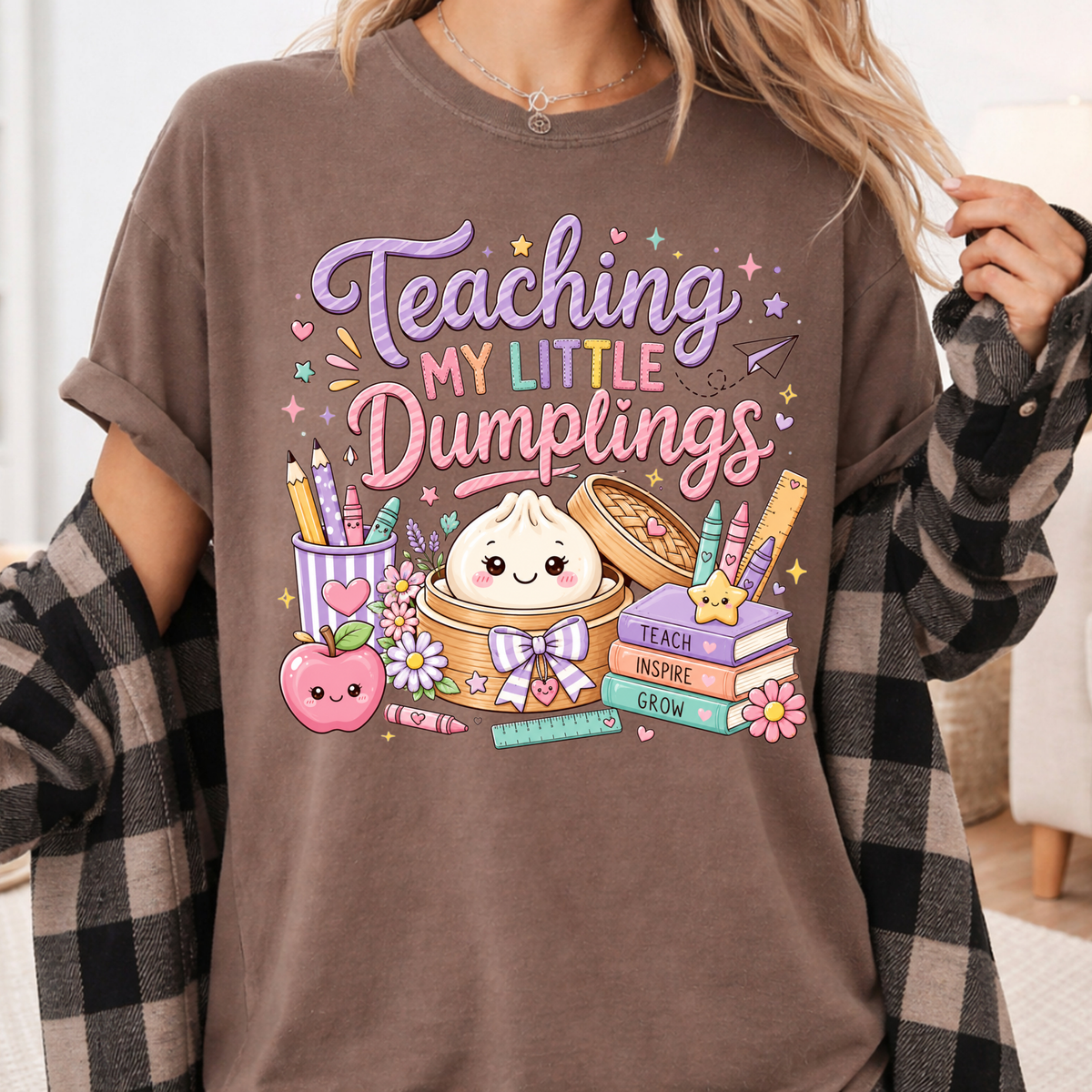 Teaching My Little Dumplings Teacher T-Shirt, Cute Pastel Kawaii School Life Tee