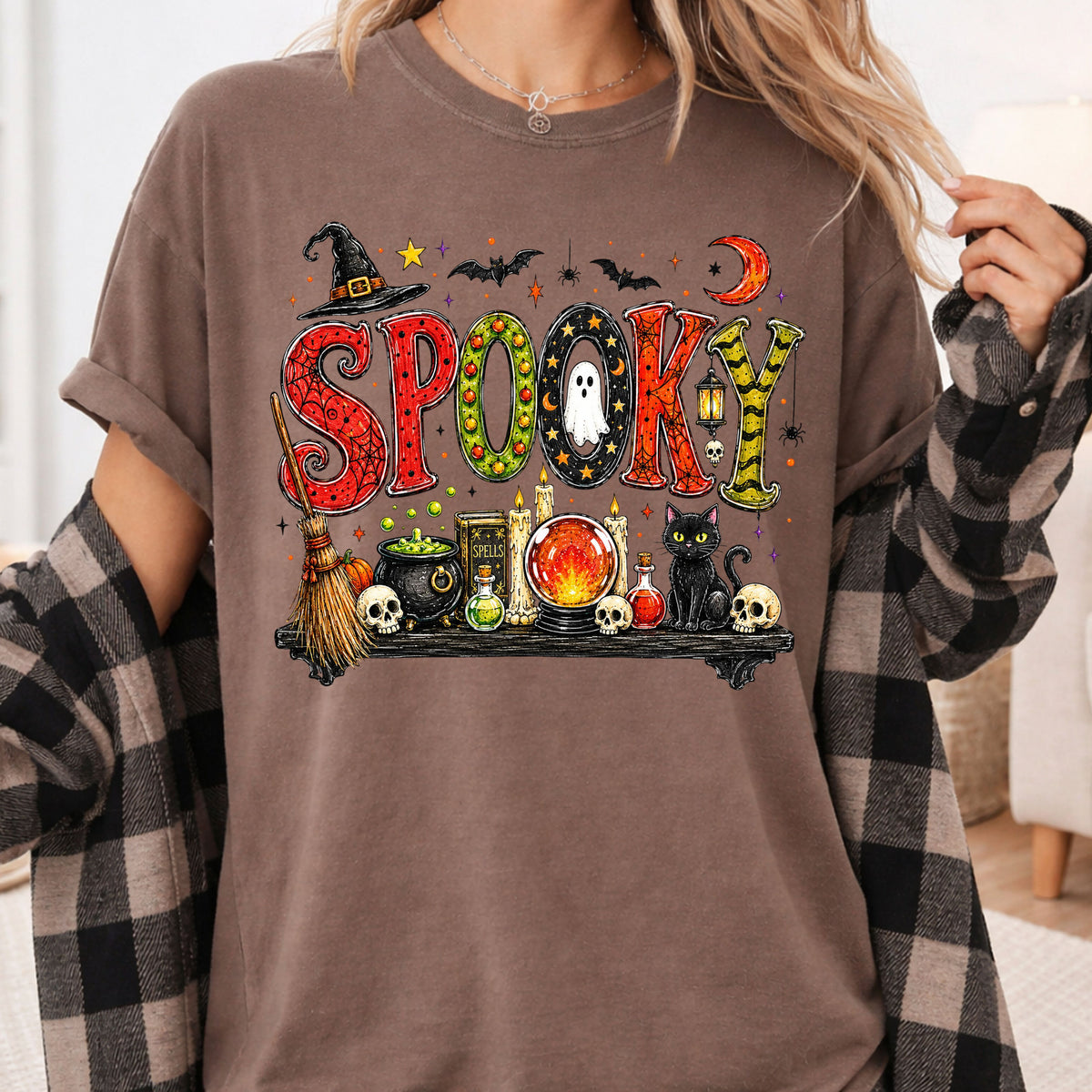 Halloween Witch Shelf Black Cat T-Shirt, Crystal Ball Cauldron Potion Skull Spooky Tee