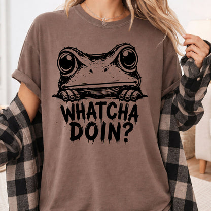 Whatcha Doin Frog Funny Peeking T-Shirt, Black White Cute Frog Tee