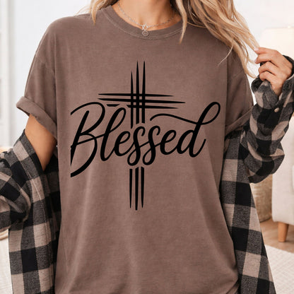 Blessed Cross Christian T-Shirt, Script Cursive Faith Minimalist Religious Tee Sweatshirt
