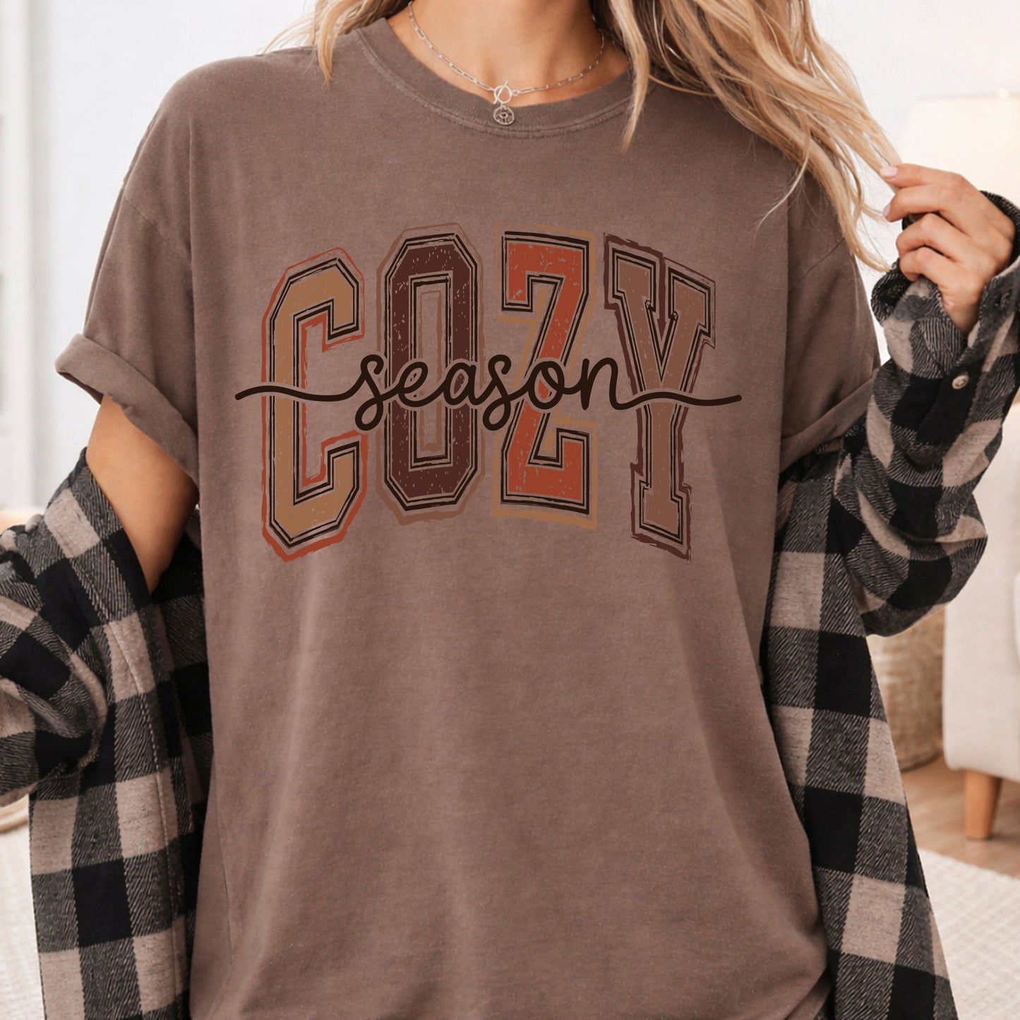 Cozy Season Fall T-Shirt, Distressed Varsity Letters Autumn Neutral Tones Tee