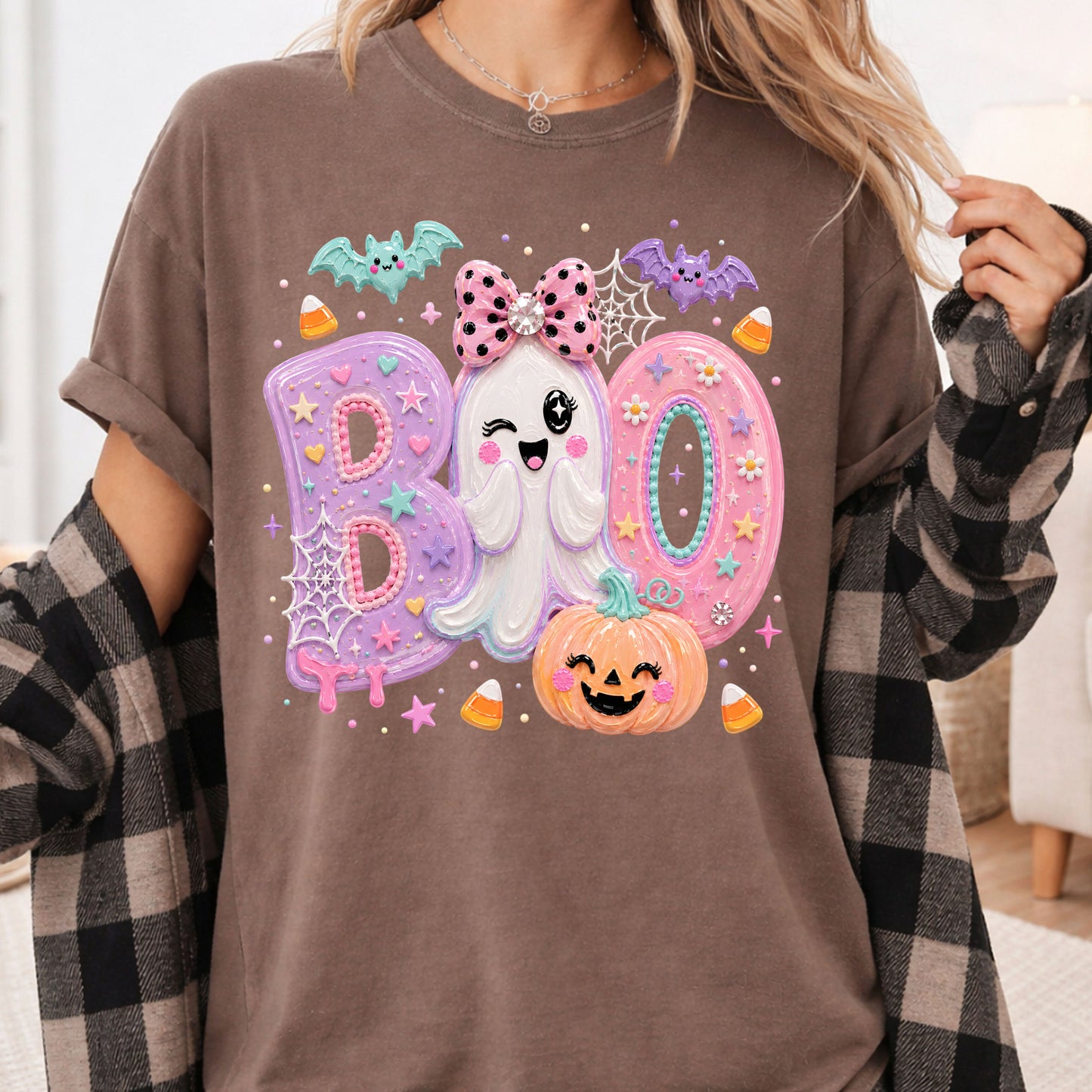 Pastel Cute Ghost Halloween Boo T-Shirt, Pink Purple Bow Pumpkin Candy Corn Girls Tee