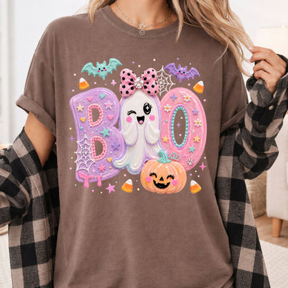 Pastel Cute Ghost Halloween Boo T-Shirt, Pink Purple Bow Pumpkin Candy Corn Girls Tee