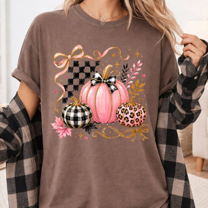 Pink Coquette Fall Pumpkin T-Shirt, Leopard Plaid Ribbon Bow Checkered Autumn Tee