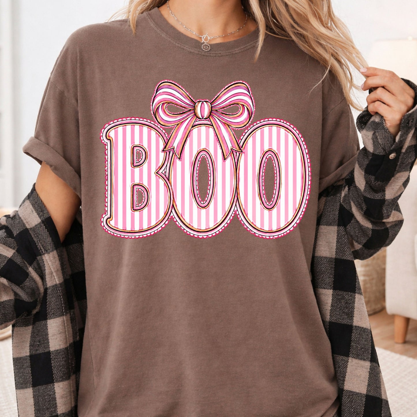 Boo Coquette Pink Bow Halloween T-Shirt, Striped Ribbon Cute Spooky Season Tee