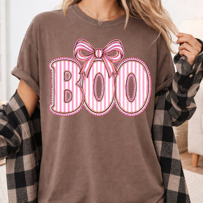 Boo Coquette Pink Bow Halloween T-Shirt, Striped Ribbon Cute Spooky Season Tee