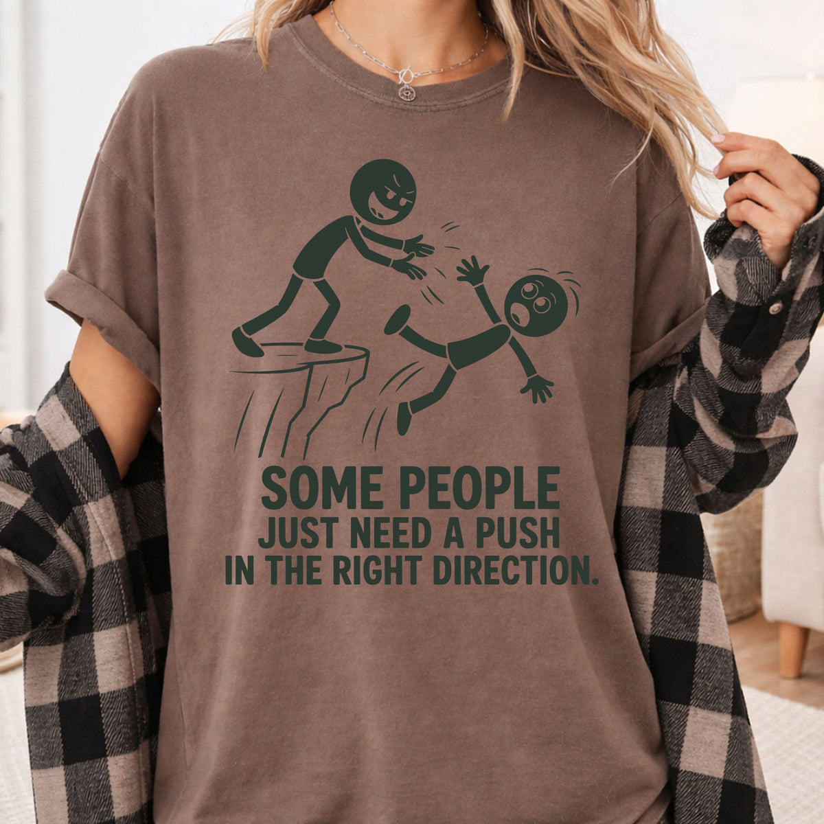 Some People Need a Push Sarcastic Humor T-Shirt, Stick Figure Cliff Tee