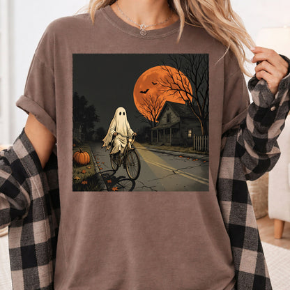 Ghost Riding Bike Halloween T-Shirt, Haunted House Orange Harvest Moon Tee Sweatshirt