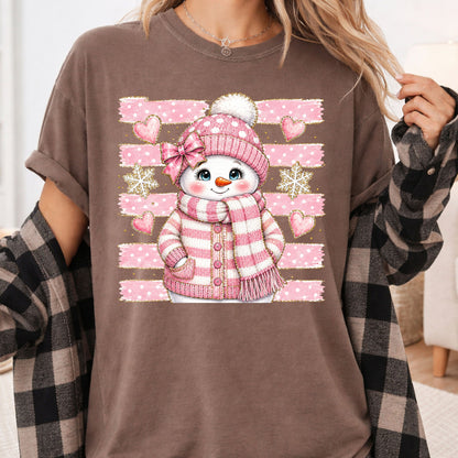 Cute Pink Snowgirl Winter T-Shirt, Snowman Beanie Bow Pink Stripes Hearts Tee