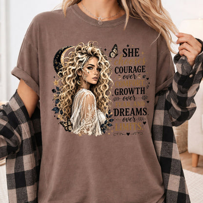 She Chooses Courage Inspirational T-Shirt, Blonde Woman Butterfly Crescent Moon Tee Sweatshirt