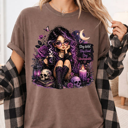 Stay Wild Stay Kind Goth Girl Skull T-Shirt, Purple Crescent Moon Witchy Tee