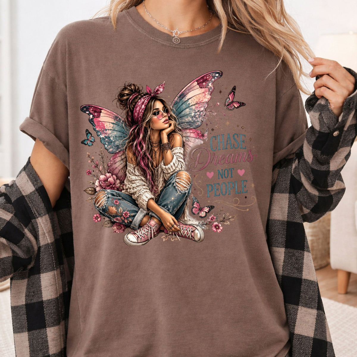 Chase Dreams Not People Fairy Girl T-Shirt, Boho Butterfly Wings Inspirational Tee