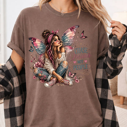 Chase Dreams Not People Fairy Girl T-Shirt, Boho Butterfly Wings Inspirational Tee