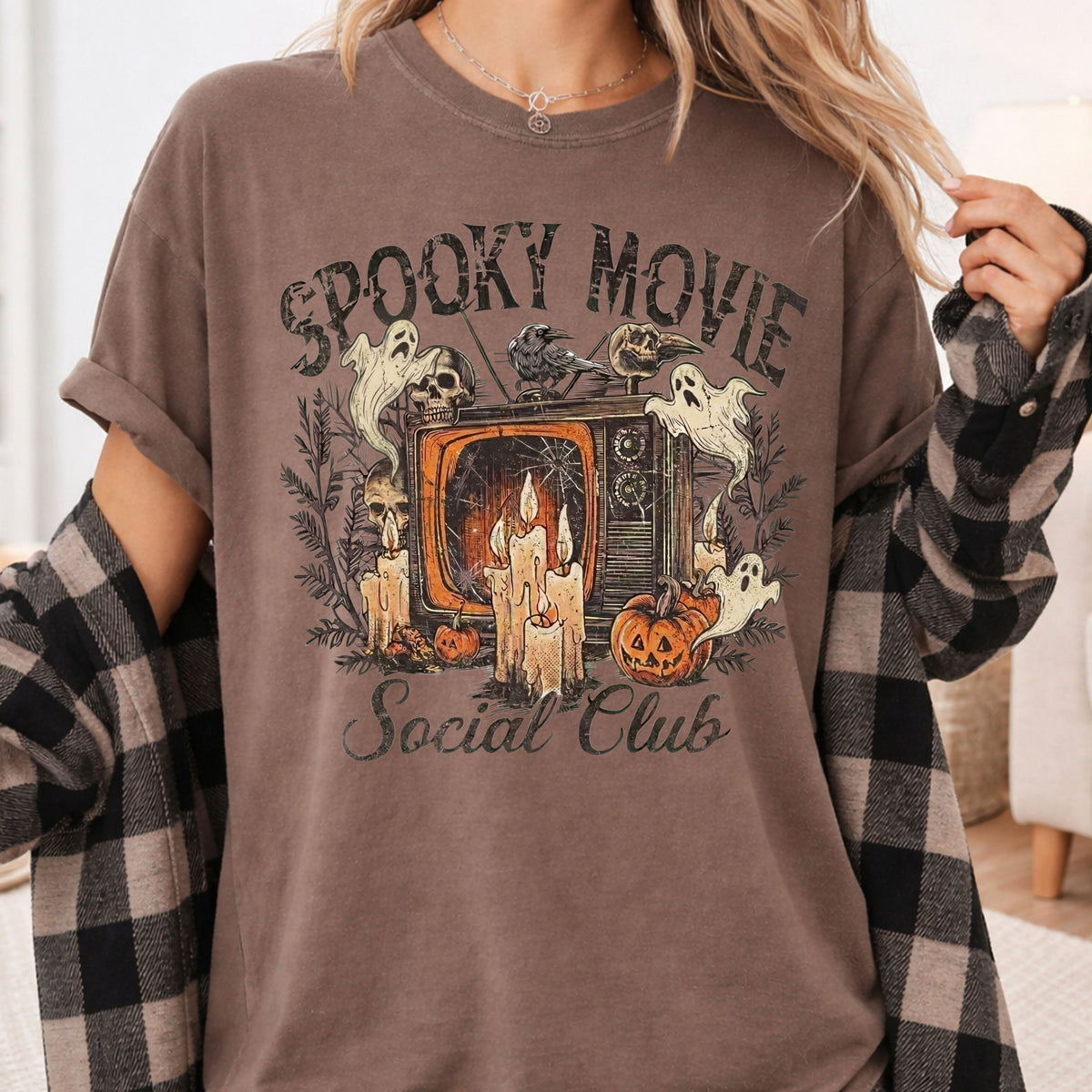 Spooky Movie Social Club Vintage Horror T-Shirt, Ghosts Pumpkin Candles Halloween Tee
