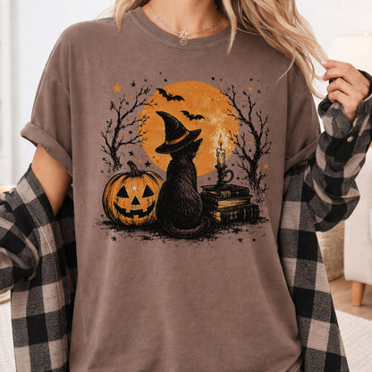 Halloween Black Cat Witch T-Shirt, Full Moon Pumpkin Spooky Vintage Books Magic Tee