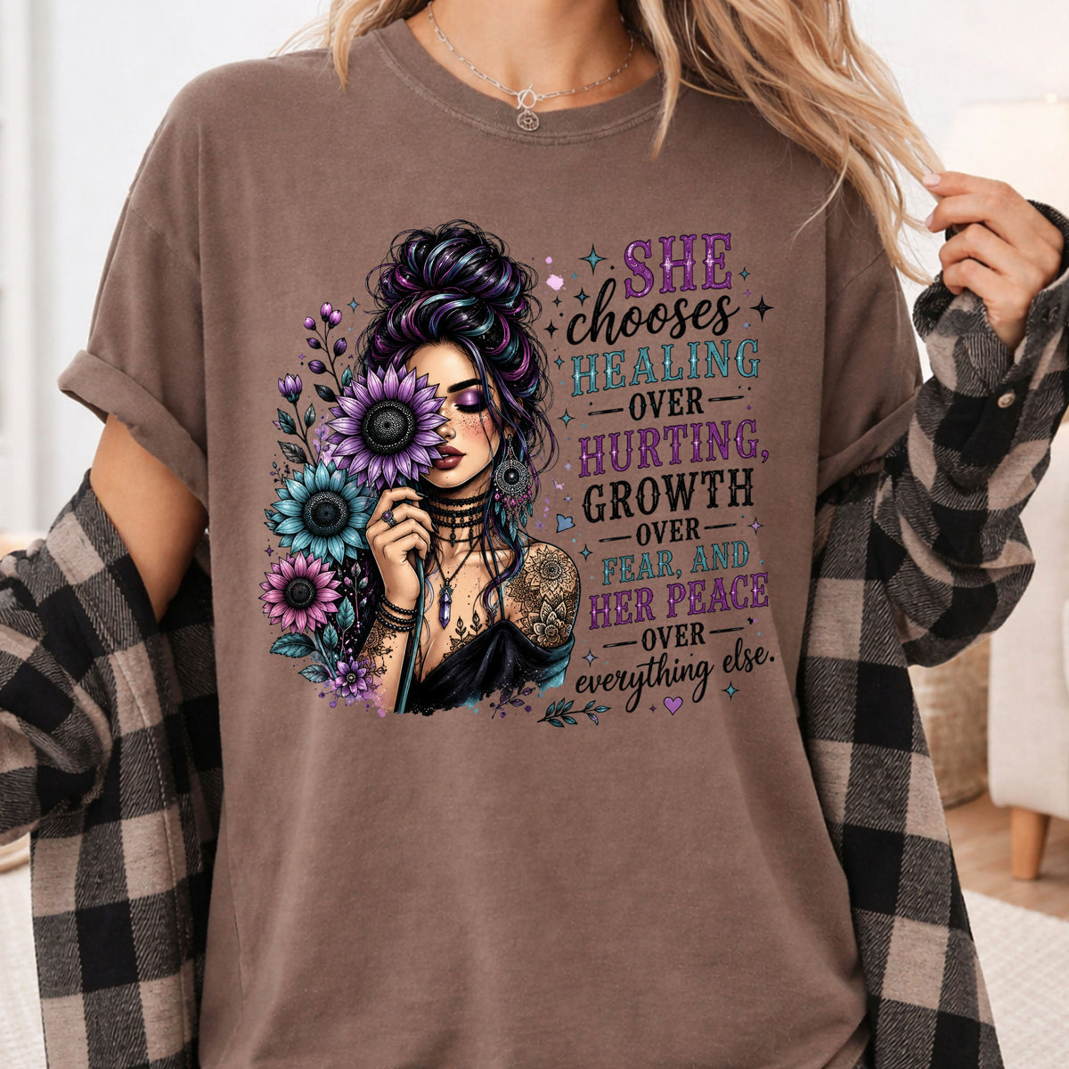 Inspirational Healing Woman She Chooses Healing Over Hurting T-Shirt, Floral Messy Bun Sunflower Tee