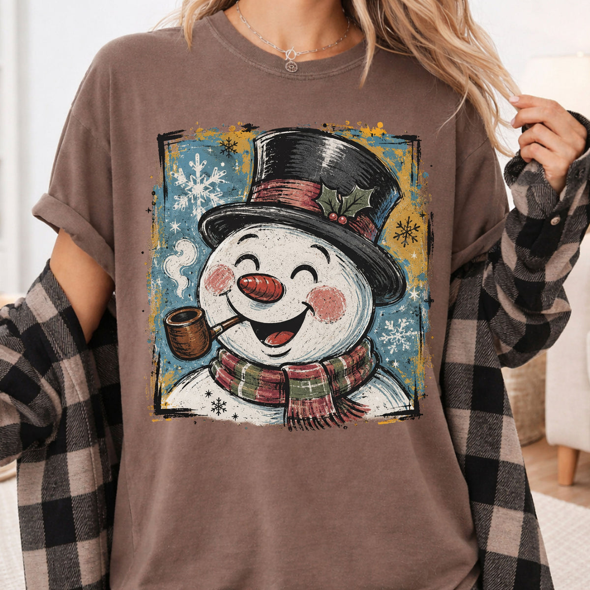 Vintage Snowman Christmas T-Shirt, Top Hat Pipe Snowflakes Scarf Comfort Color Tee